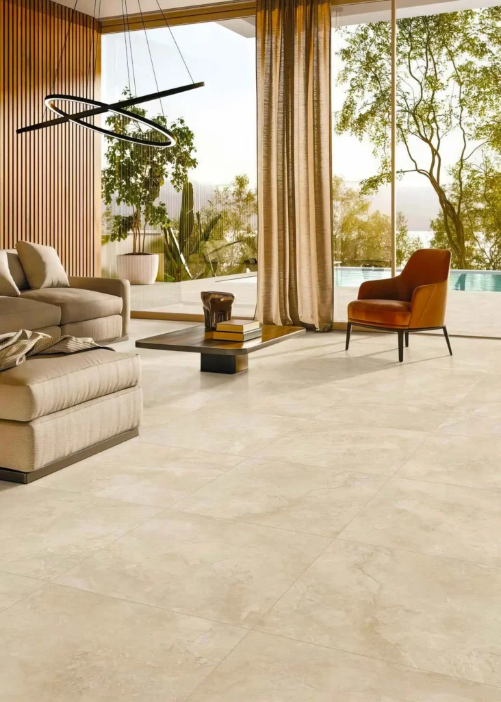 Modern living room with beige travertine flooring from Negin Stone Company